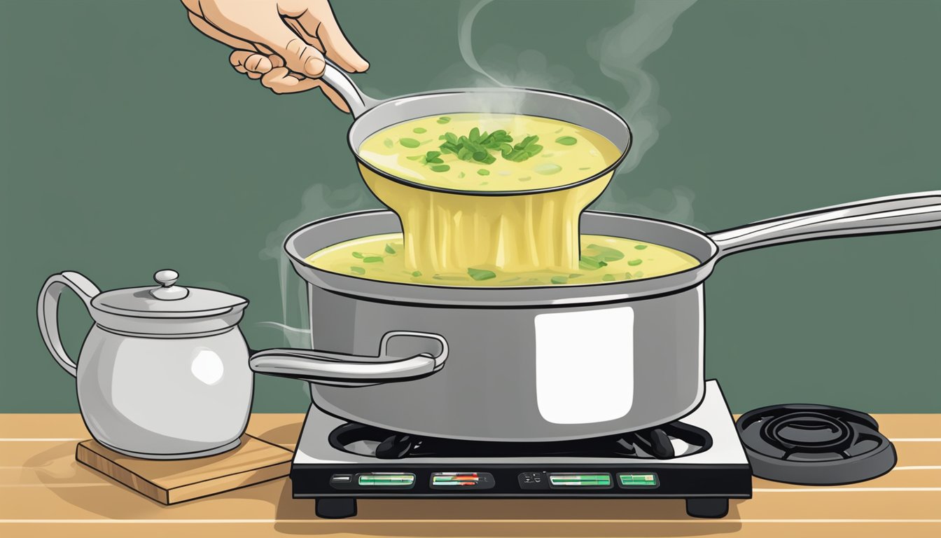 A pot of potato leek soup sits on a stovetop, steam rising as a hand reaches for a ladle