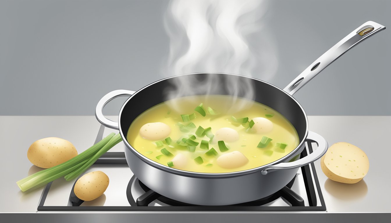 A pot of potato leek soup being reheated on a stovetop, steam rising from the surface as a ladle hovers above