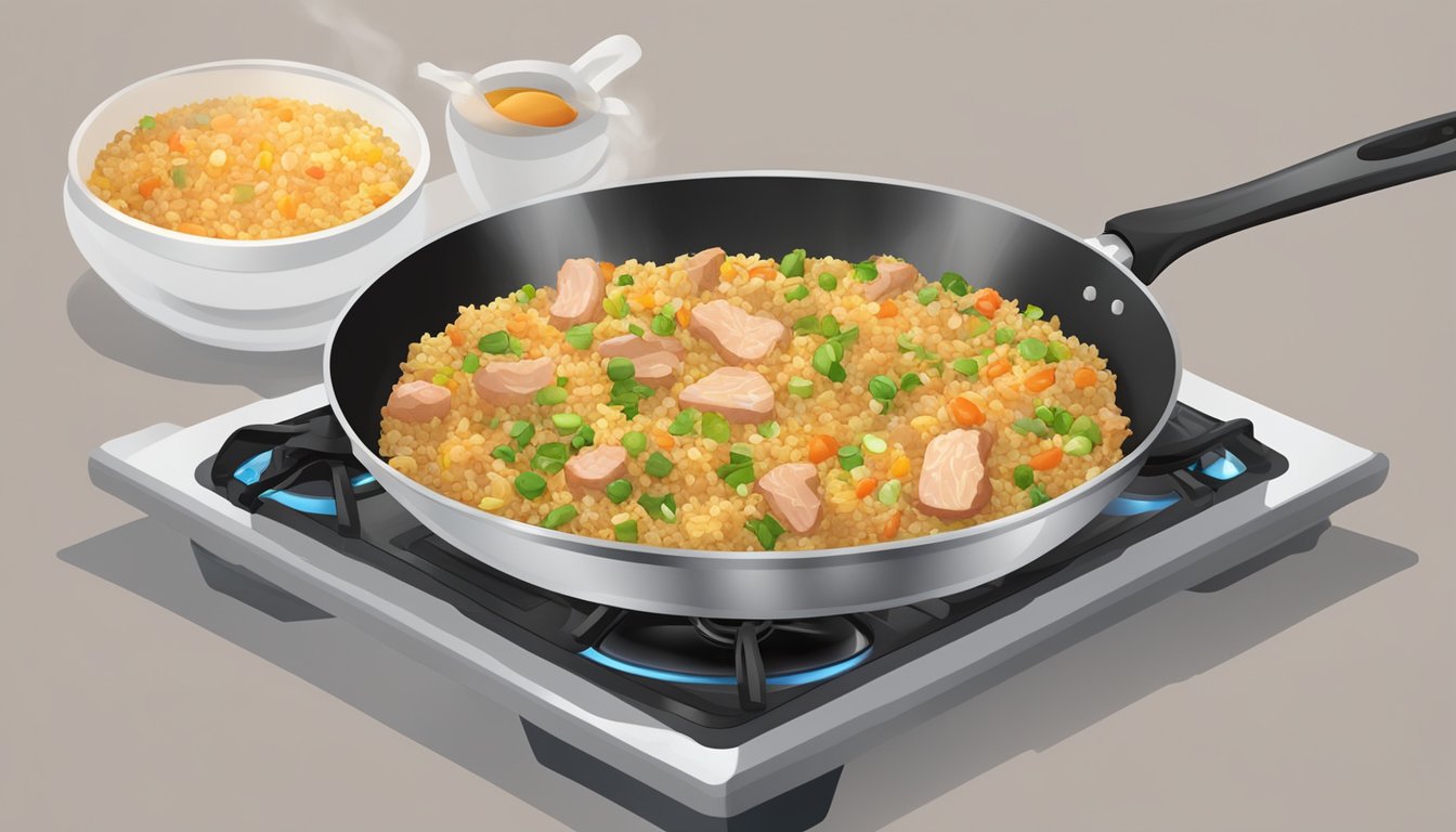 A frying pan with pork fried rice sizzling on a stovetop