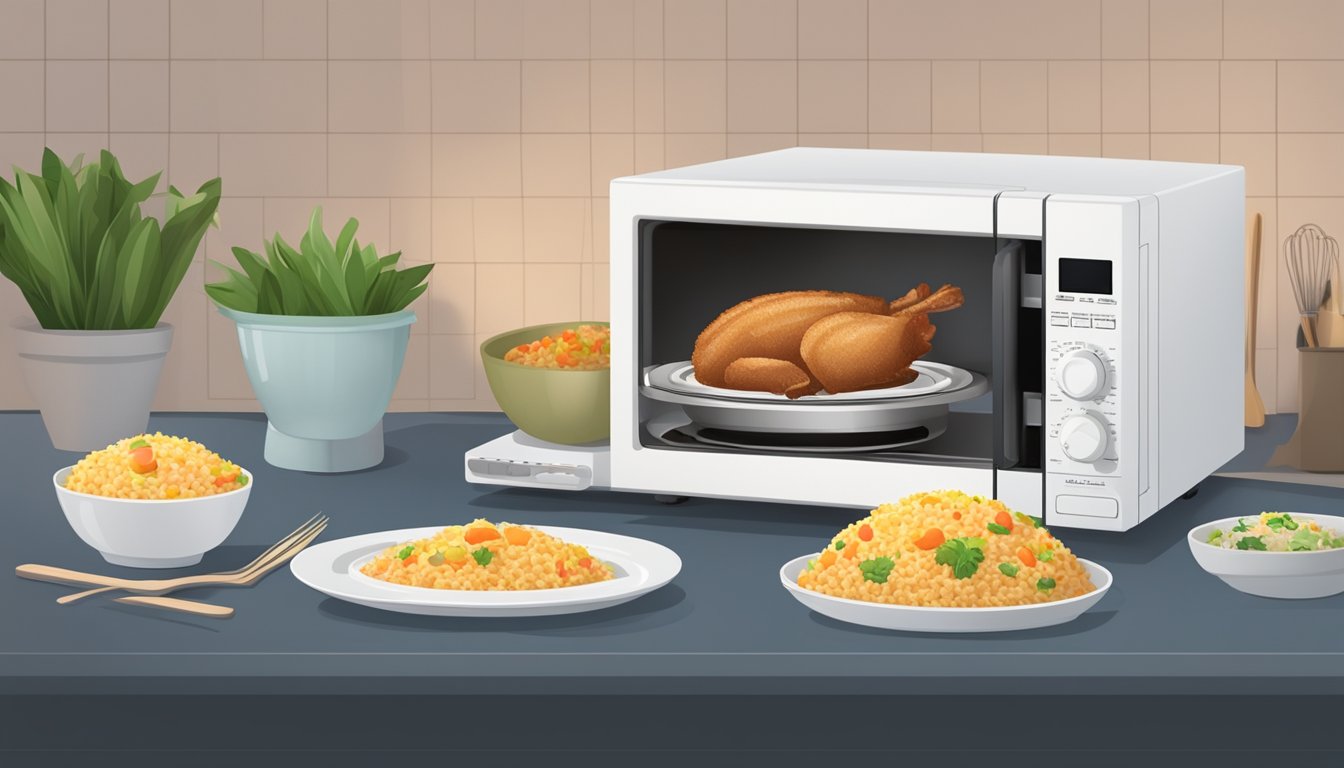 A microwave oven with a plate of pork fried rice inside, the timer set and the food rotating on the turntable