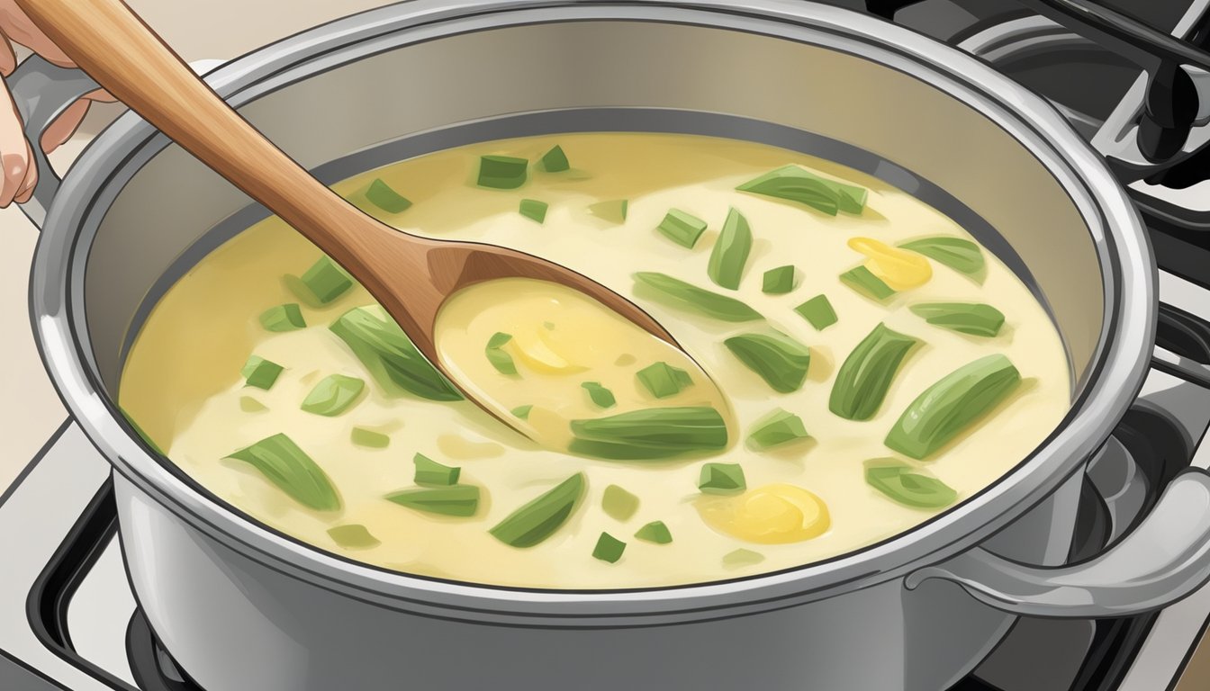 A pot of potato leek soup being gently reheated on a stovetop, with a wooden spoon stirring to adjust the consistency