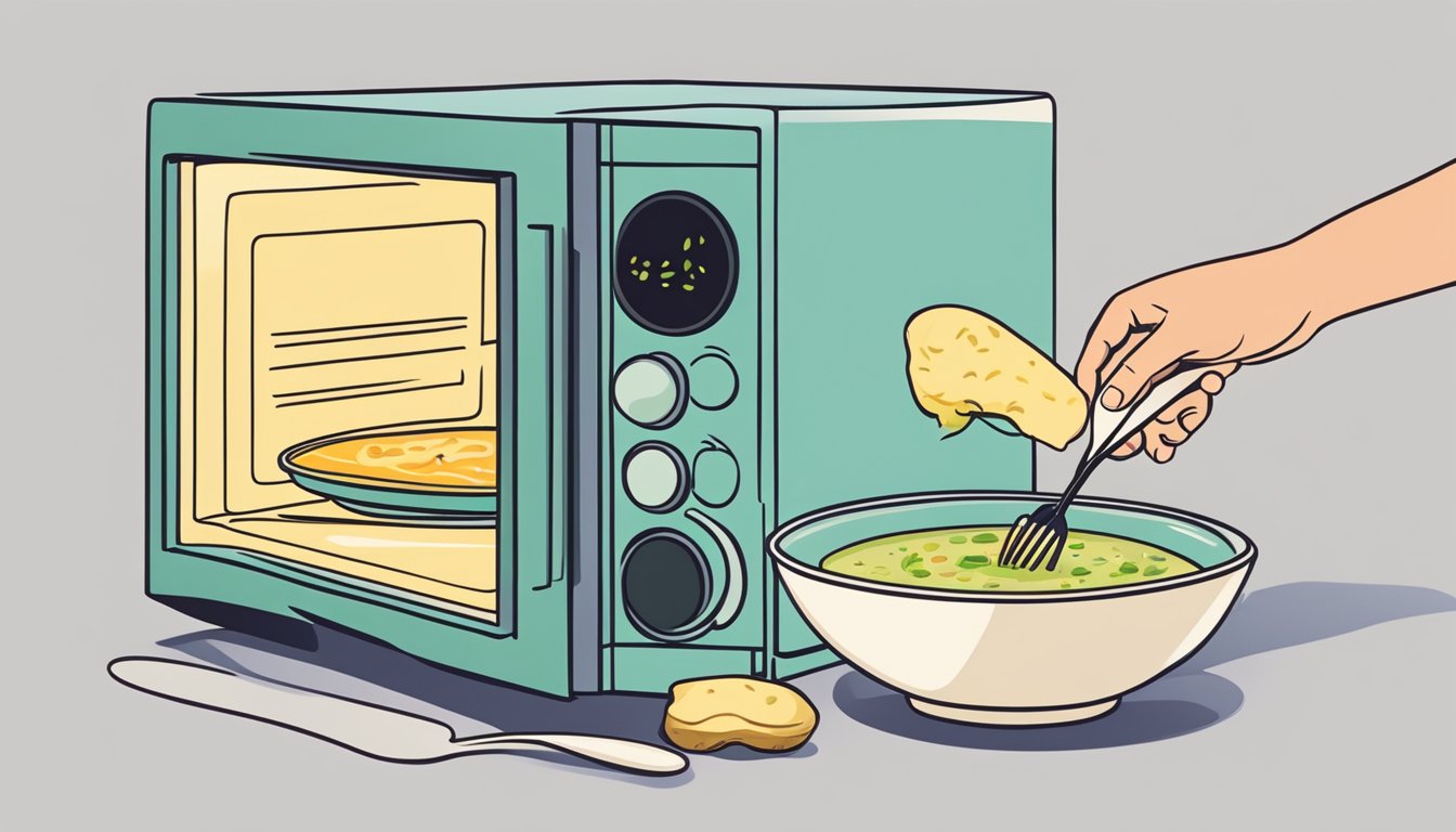 A person using a microwave to reheat a bowl of potato leek soup with a cover on top and a spoon next to it