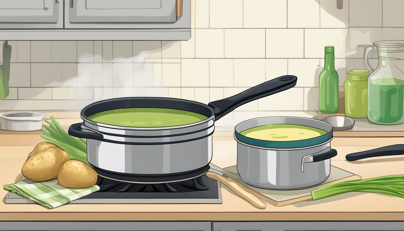 A steaming pot of potato leek soup sits on a stovetop, ladle resting on the edge. A bowl and spoon wait nearby