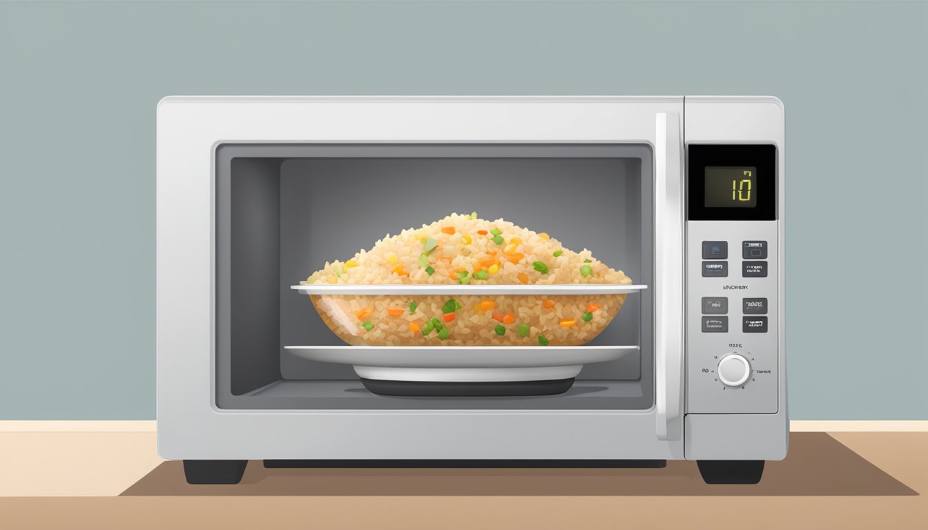 A steaming bowl of pork fried rice sits in a microwave, with the door closed and the timer set