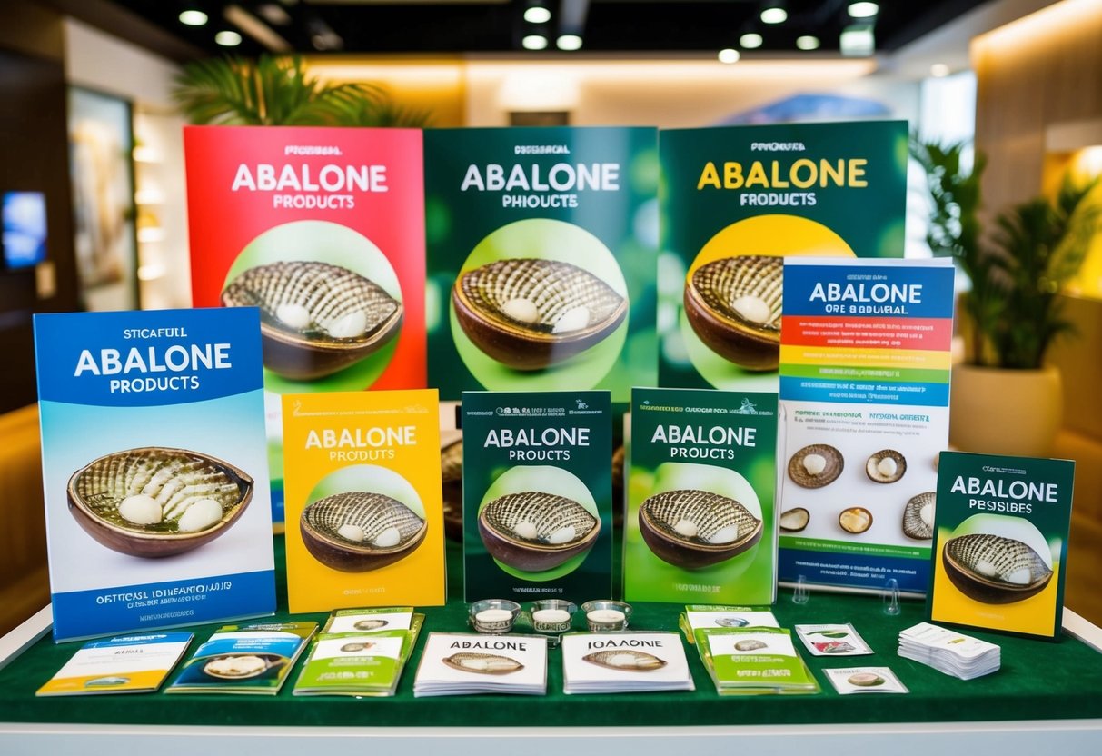 A colorful display of promotional materials for Abalone products in Singapore, including brochures, posters, and product samples