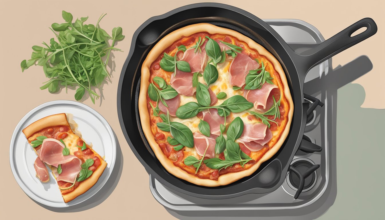 A skillet sits on a stovetop, with a slice of prosciutto and arugula pizza sizzling and reheating inside