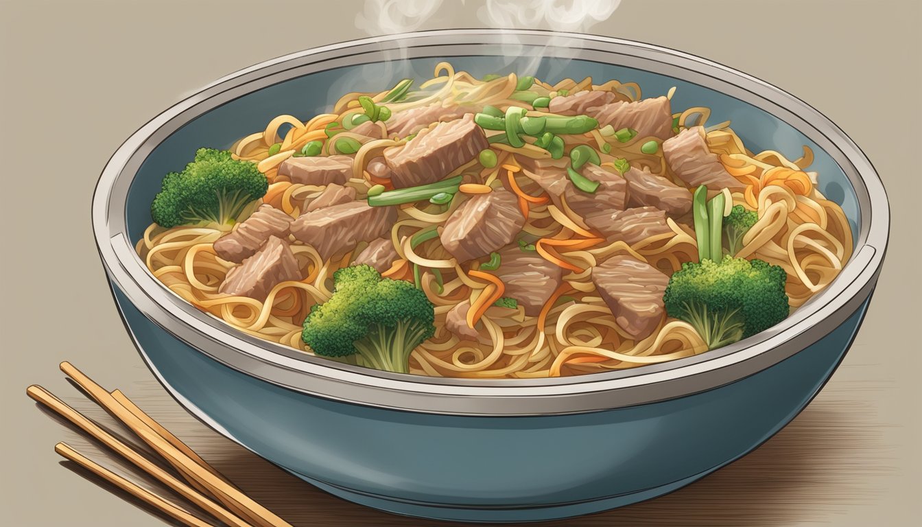 A steaming bowl of pork lo mein being reheated in a microwave, with steam rising and the aroma of savory flavors filling the air