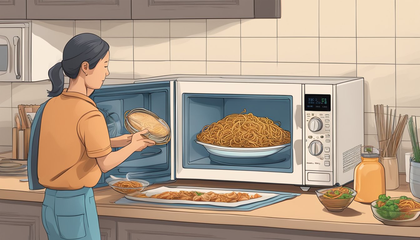 A person reheating pork lo mein in a microwave