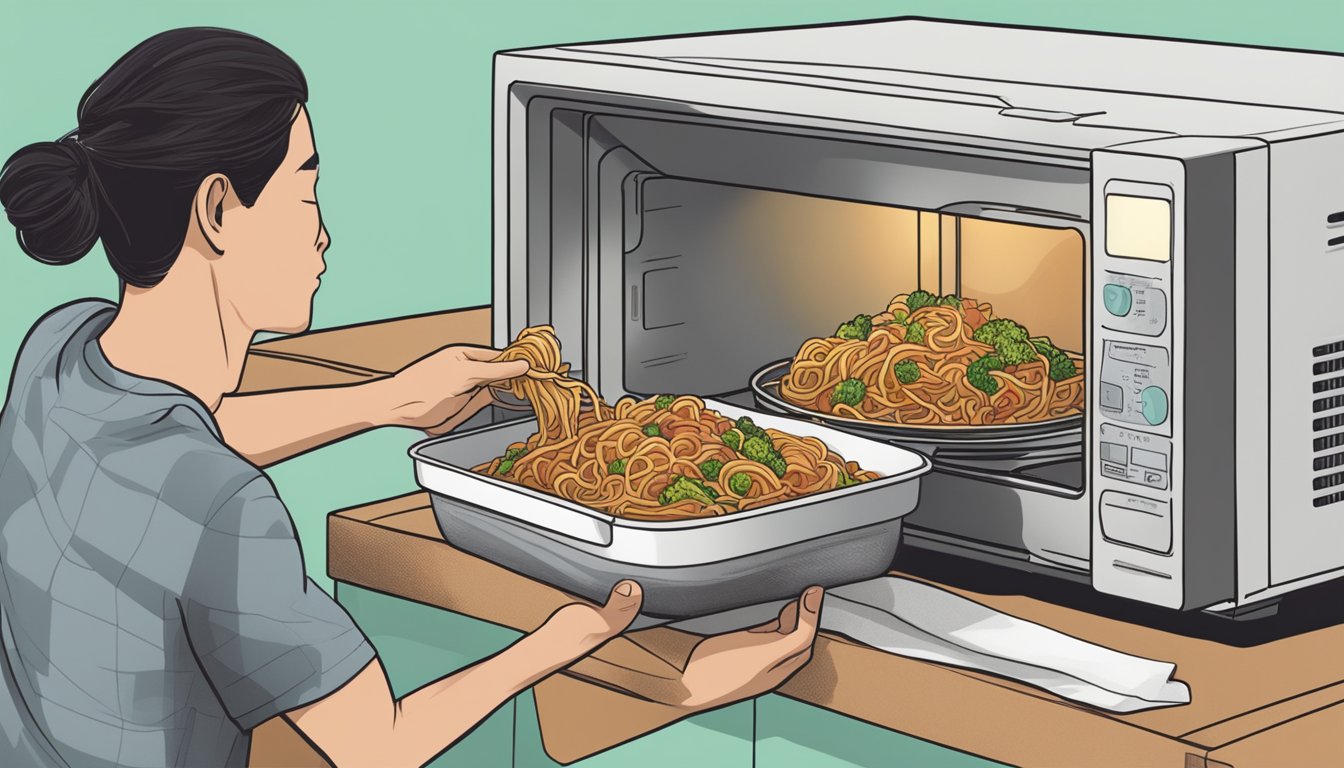 A person using a microwave to reheat pork lo mein in a takeout container