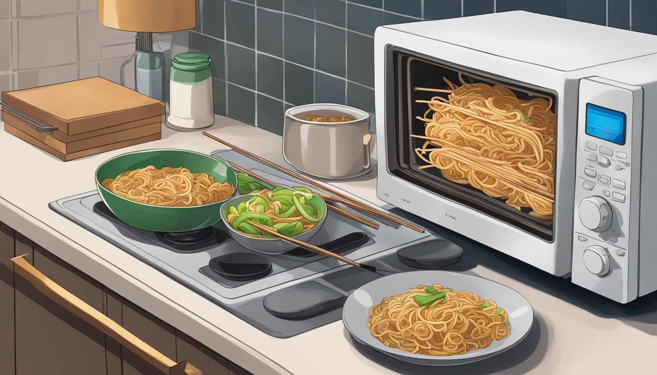 A steaming bowl of pork lo mein sits on a kitchen counter next to a microwave and a pair of chopsticks