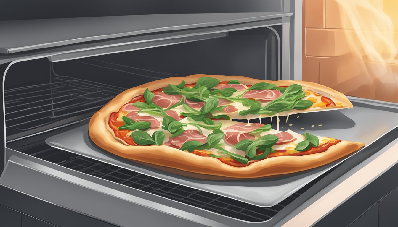 A slice of prosciutto and arugula pizza being reheated in the oven on a baking sheet