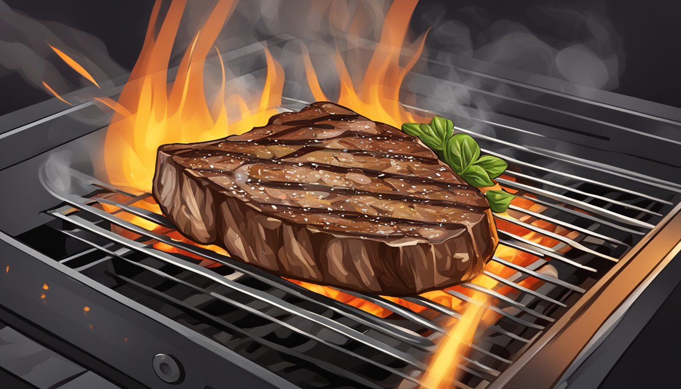 A sizzling porterhouse steak being reheated on a hot grill, emitting savory aromas