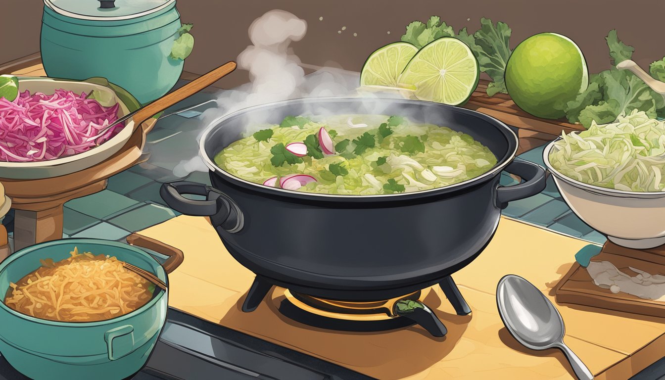 A steaming pot of pozole sits on a stovetop, a ladle resting on the side. Steam rises from the rich broth, and the toppings of shredded cabbage, radishes, and lime are arranged nearby