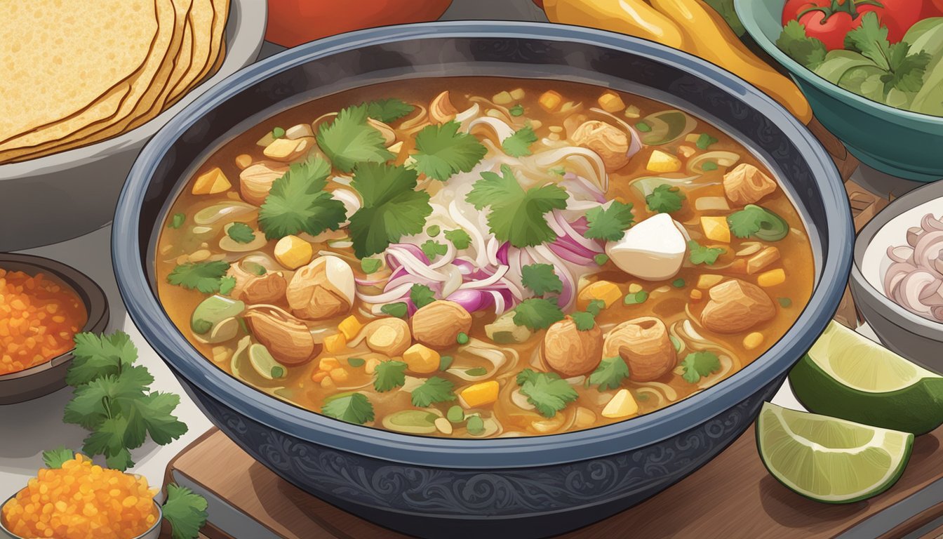 A steaming bowl of pozole sits on a stovetop, surrounded by colorful ingredients and a pot of simmering broth