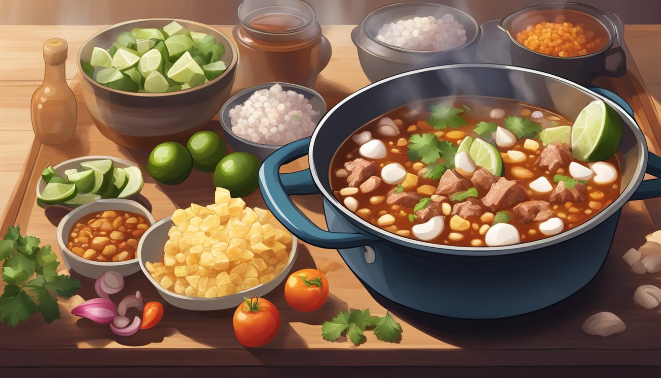 A pot of pozole simmering on a stovetop, steam rising from the bubbling red broth, with chunks of pork, hominy, and garnishes