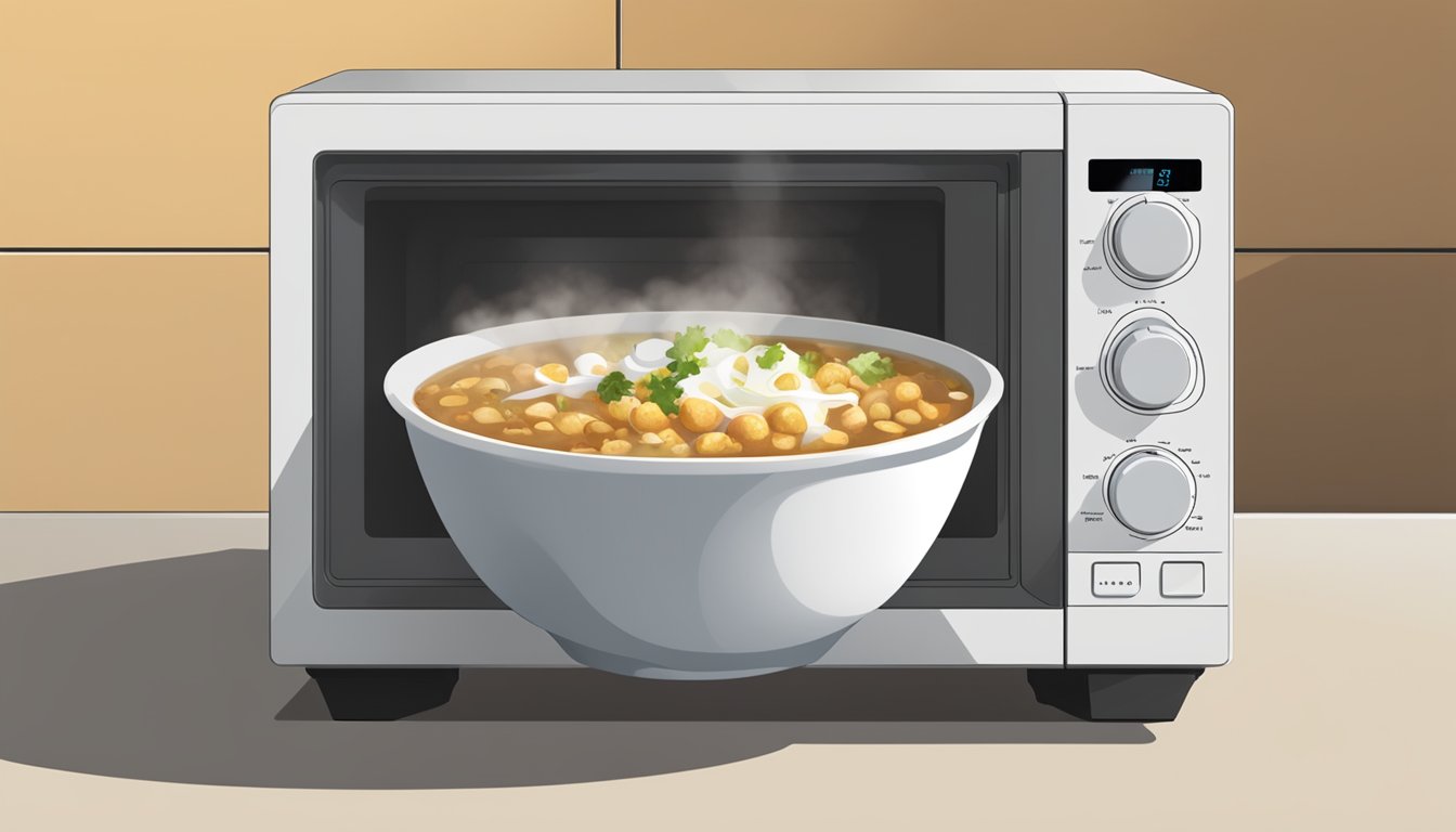 A bowl of pozole sits in a microwave, steam rising as it reheats