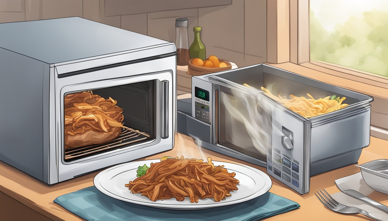 A plate of pulled pork being heated in a microwave with a cover to prevent drying out, with a fork nearby for serving