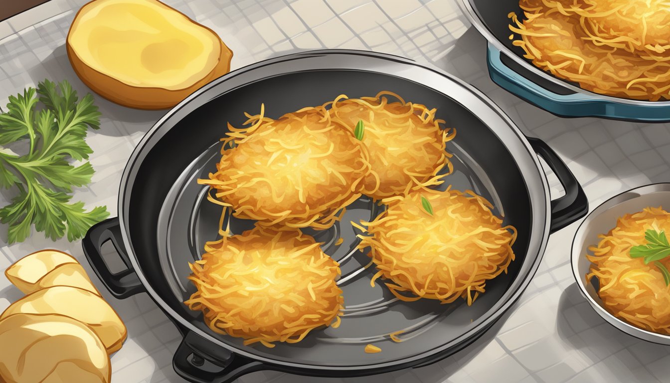 A plate of golden potato latkes being reheated in a sizzling skillet on a stovetop