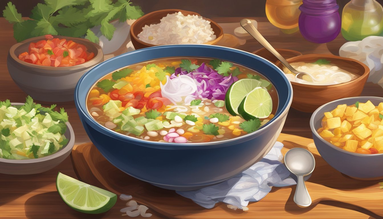 A steaming bowl of pozole sits on a wooden table, surrounded by colorful garnishes and a spoon. Steam rises from the bowl, indicating it has been freshly reheated