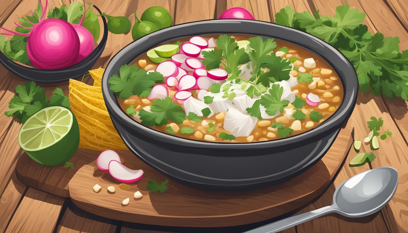 A steaming bowl of pozole sits on a rustic wooden table, surrounded by vibrant, fresh ingredients such as cilantro, lime, and crunchy radishes