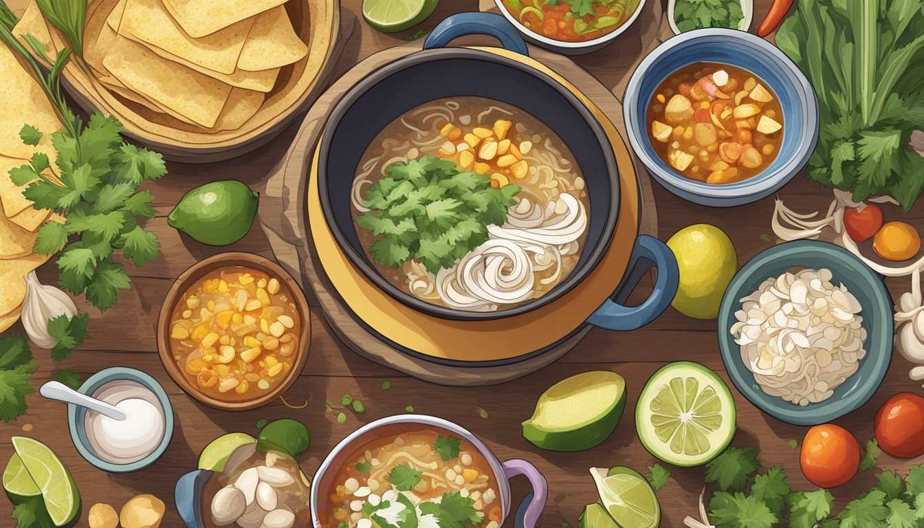 A steaming bowl of pozole sits on a stove, surrounded by colorful ingredients and a pot of simmering broth