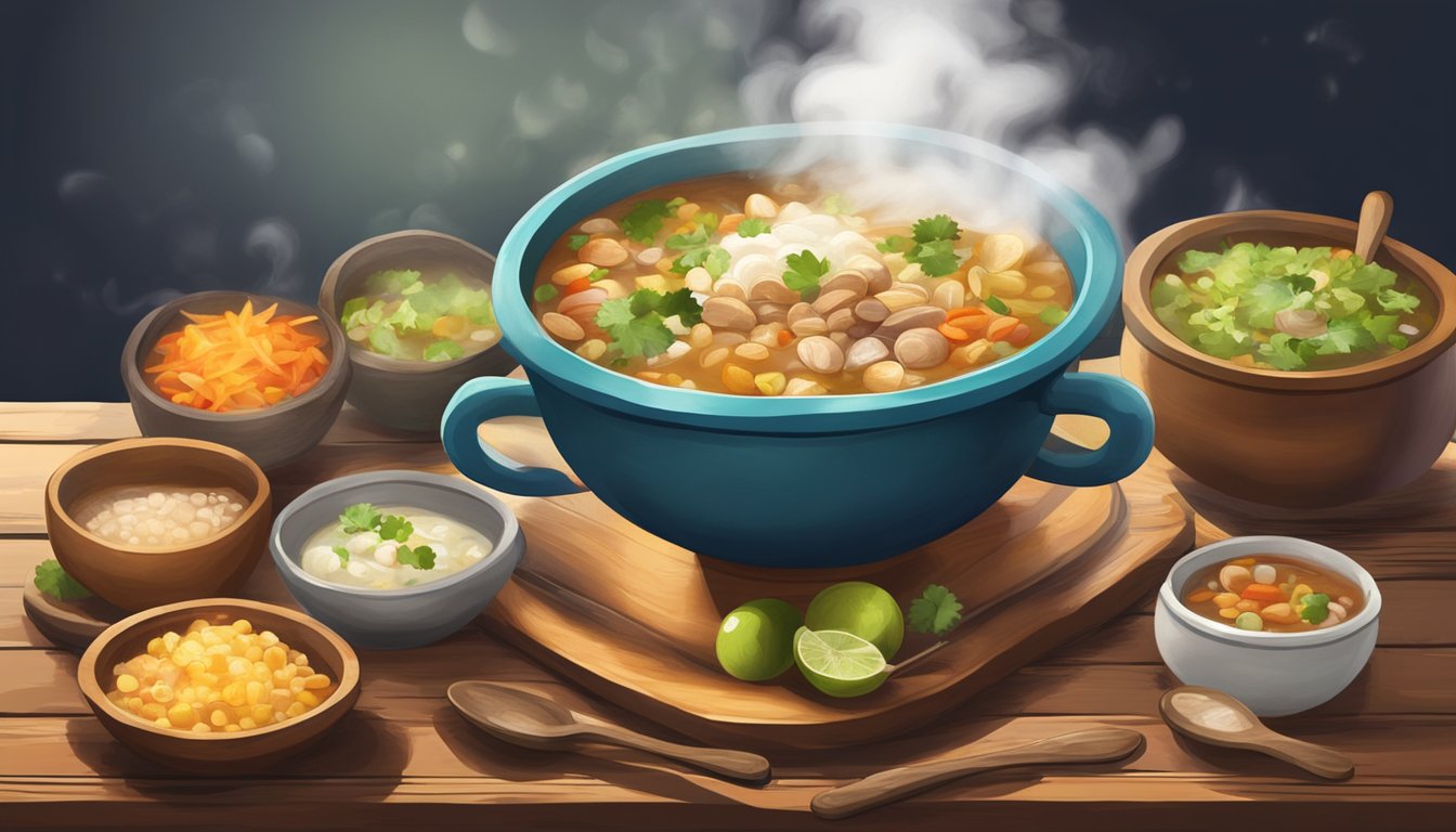 A steaming bowl of pozole sits on a rustic wooden table, surrounded by colorful bowls and spoons. Steam rises from the hearty stew, creating a cozy and inviting atmosphere