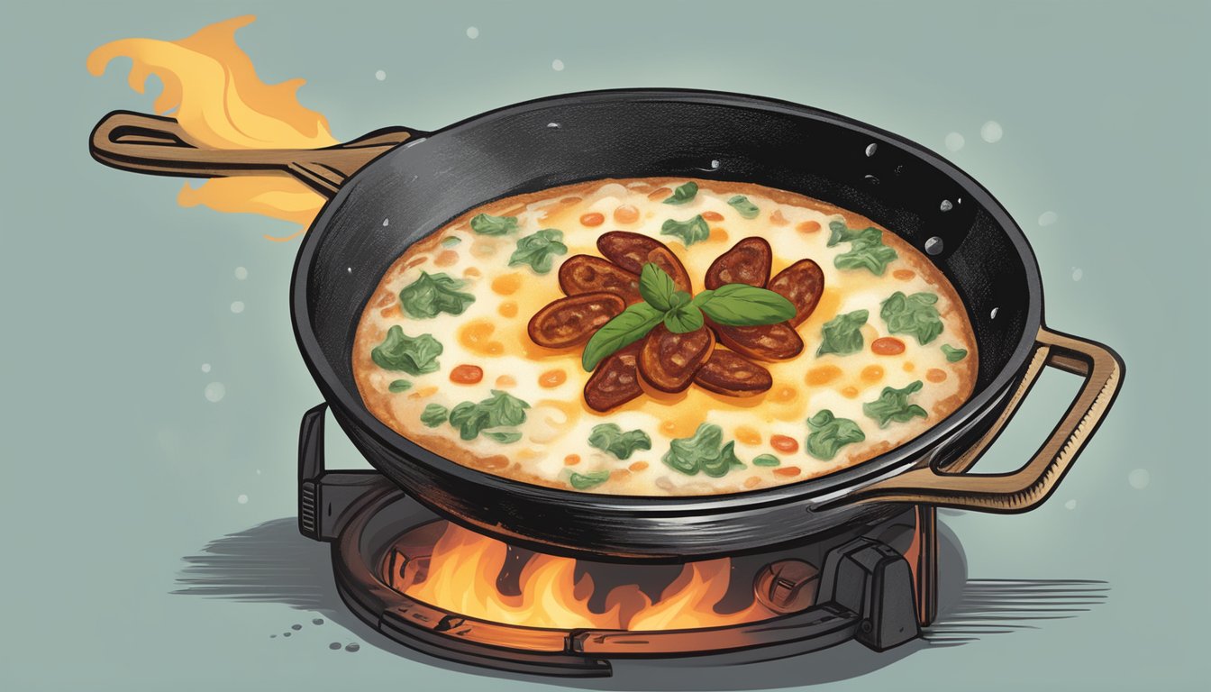 A skillet with bubbling queso fundido and chorizo, being heated over a flame