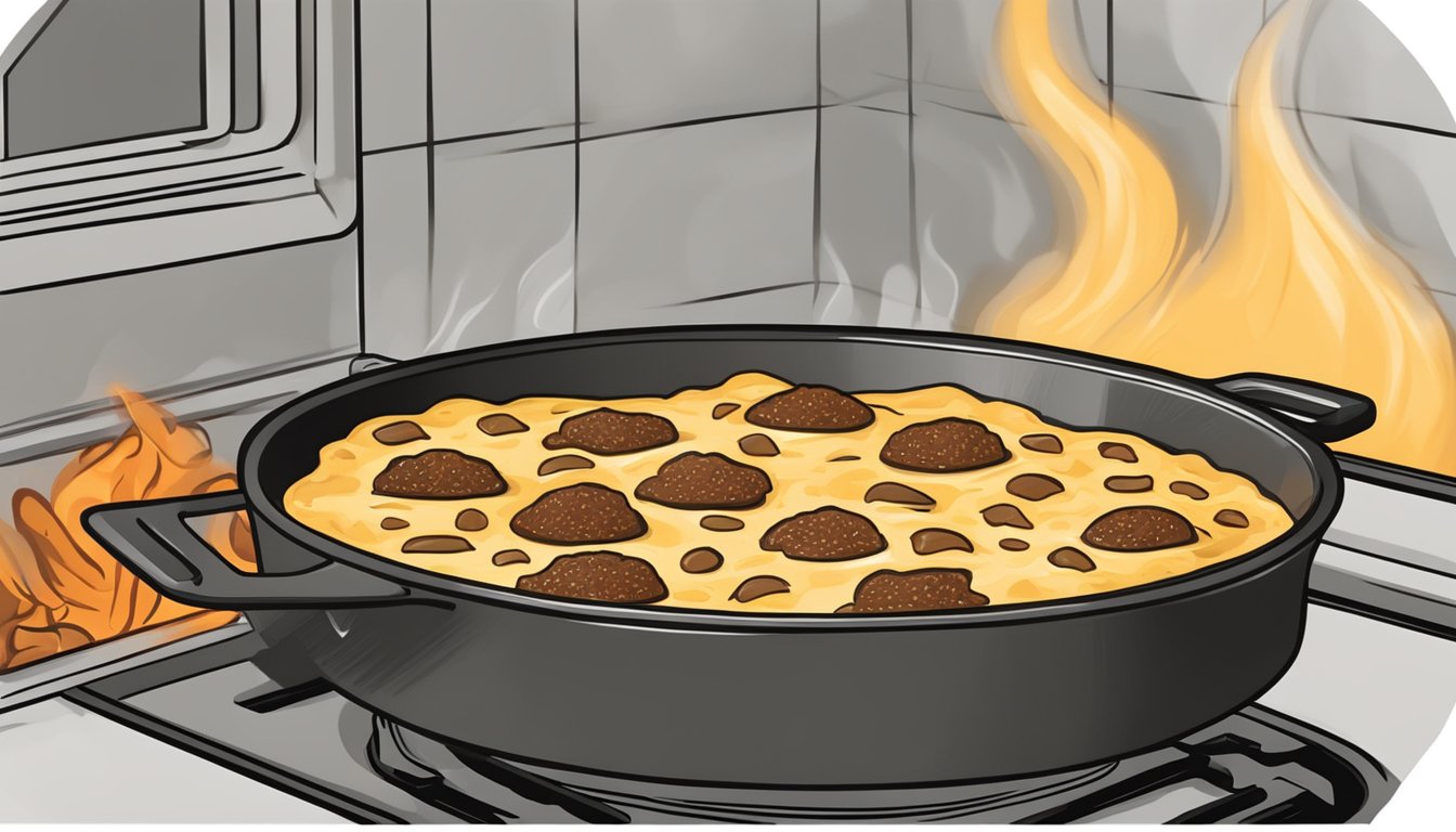 A bubbling skillet of queso fundido with chorizo being reheated in the oven