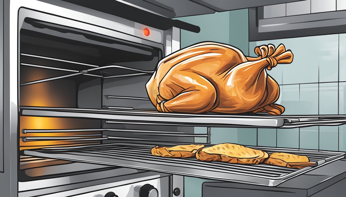 A plate of prosciutto-wrapped chicken being reheated in the oven. A thermometer checks the internal temperature for food safety