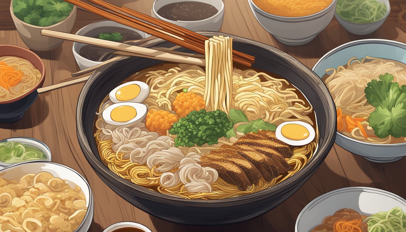 A steaming bowl of ramen soup sits on a wooden table, surrounded by various components such as noodles, broth, and toppings