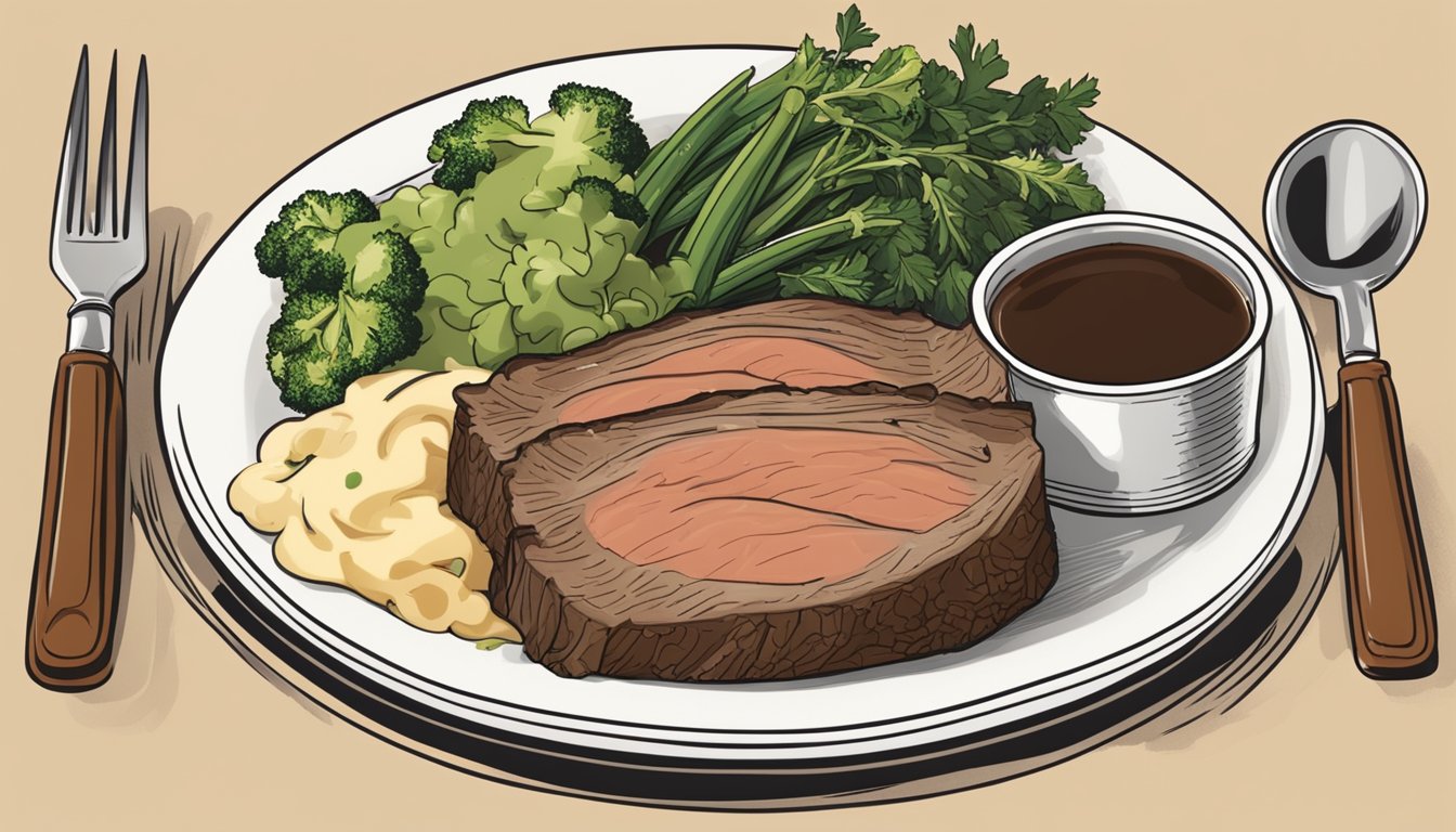 A plate of reheated prime rib with steamed vegetables and a side of mashed potatoes, garnished with herbs and a drizzle of au jus