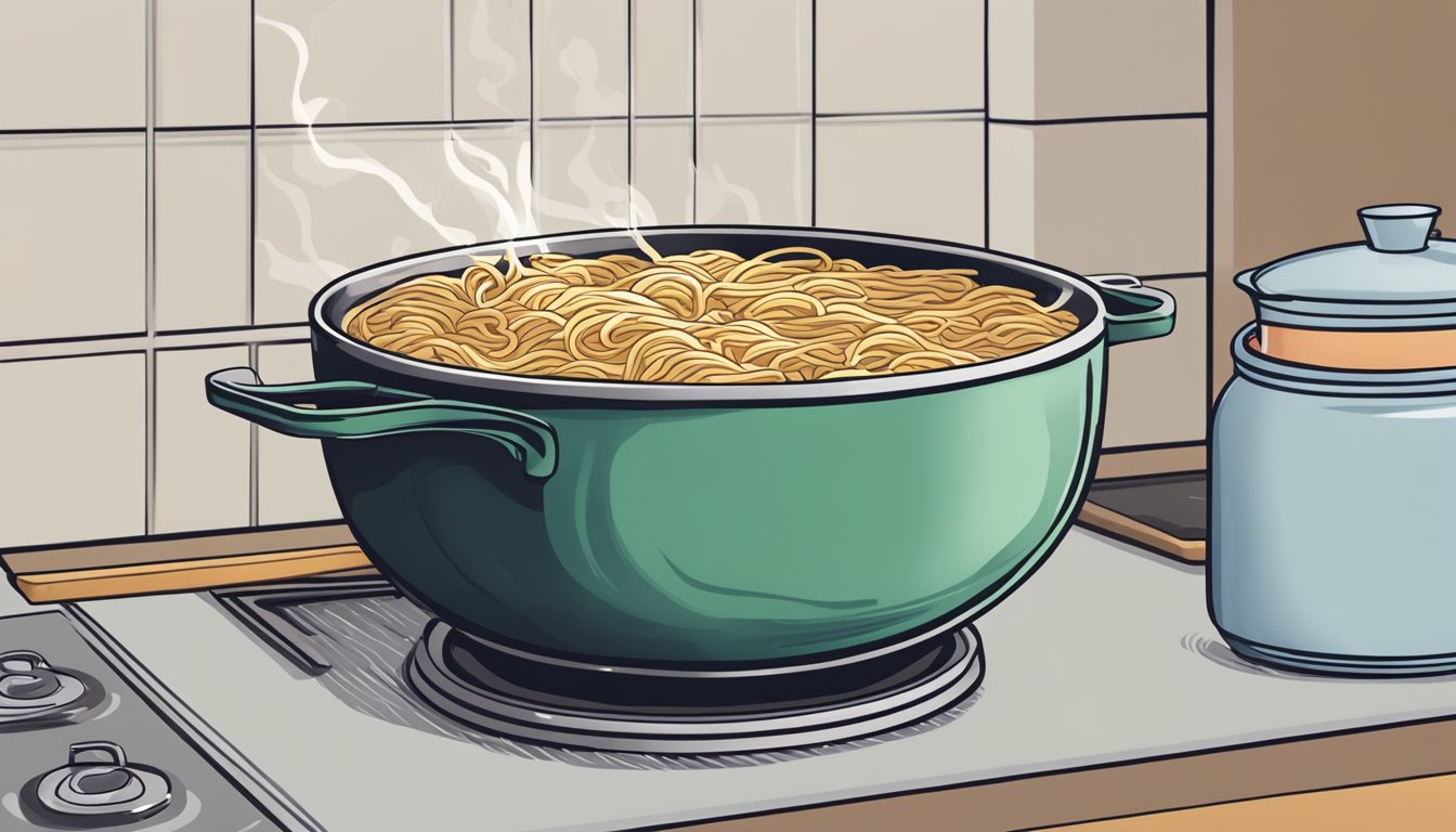 A bowl of leftover ramen sits in the refrigerator. A pot of boiling water steams on the stove, ready to reheat the soup