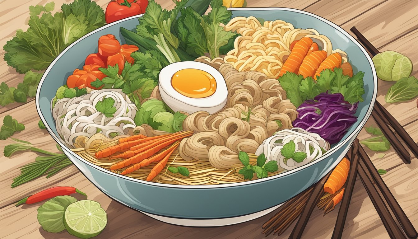 A steaming bowl of ramen soup sits on a wooden table, surrounded by fresh herbs, spices, and a vibrant assortment of vegetables