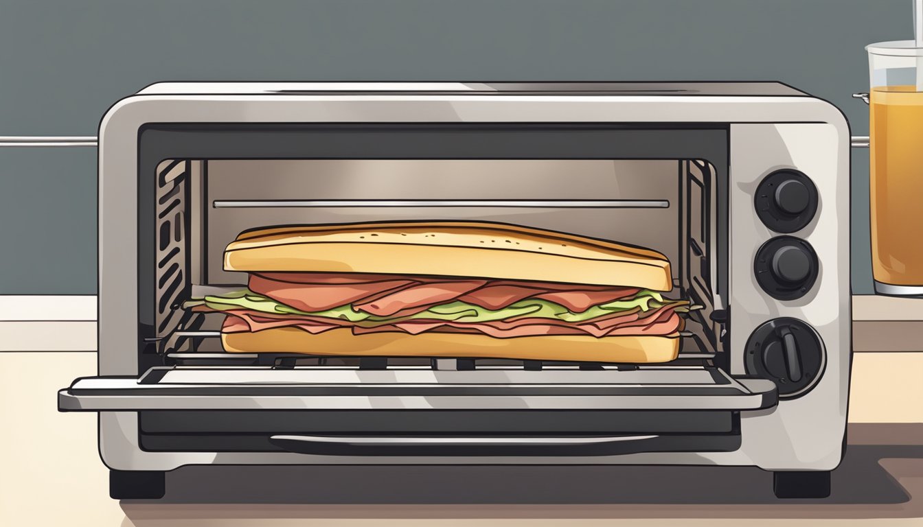 A Reuben sandwich being reheated in a toaster oven