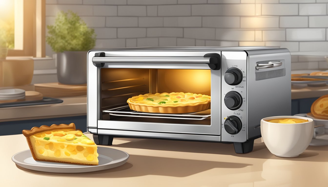 A toaster oven with a golden quiche inside, emitting a warm, inviting glow