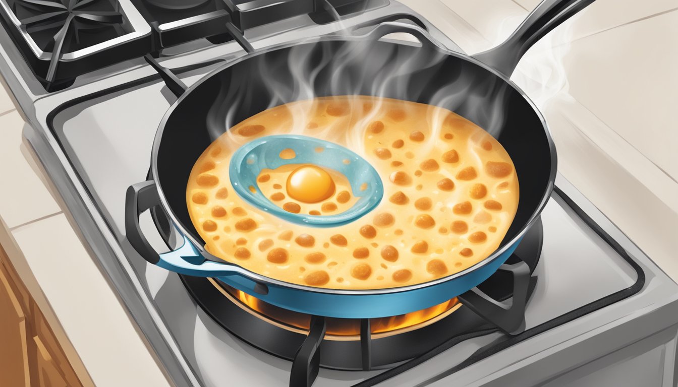 A bubbling skillet of queso fundido being heated over a stovetop flame