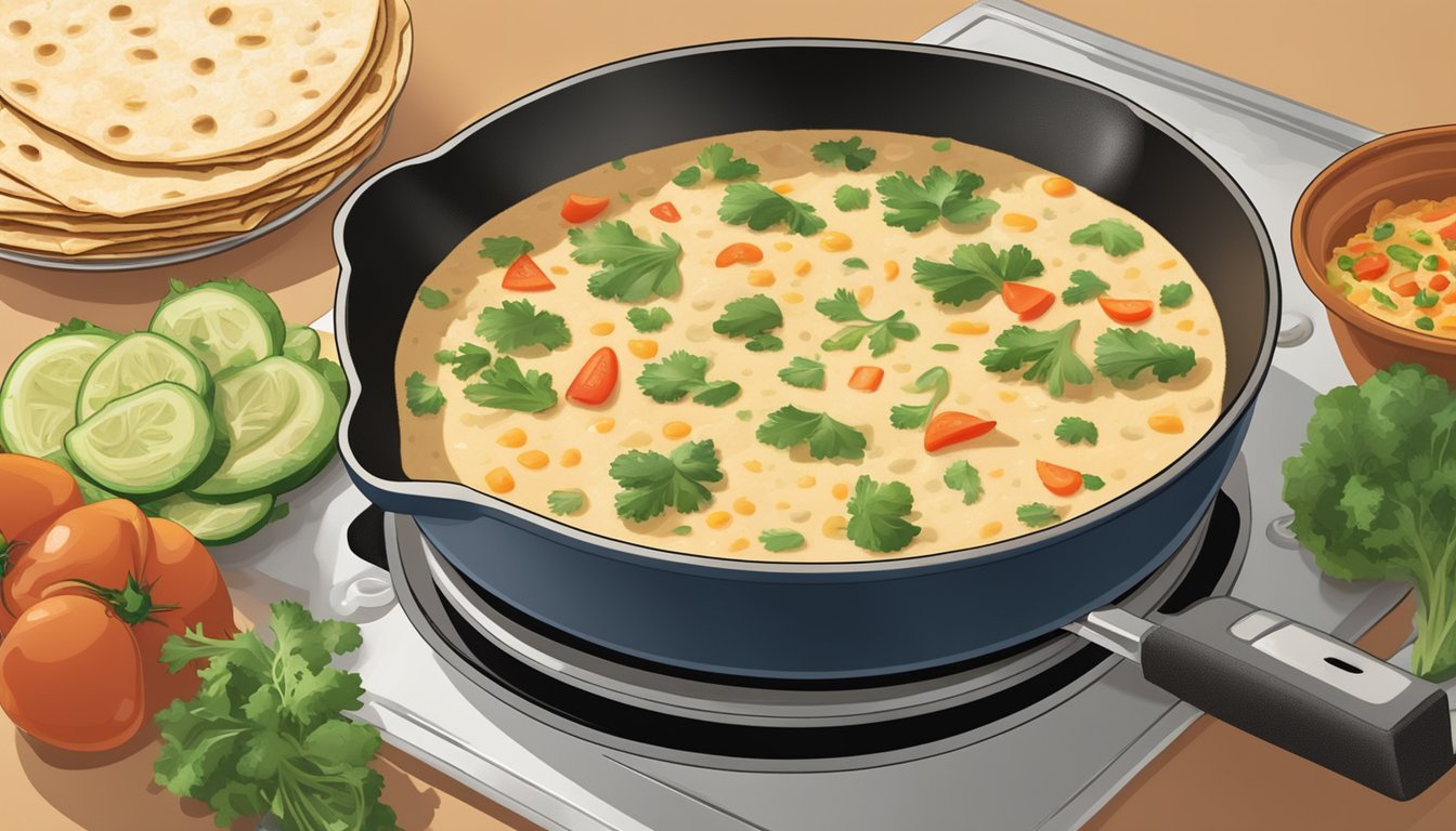 A bubbling skillet of queso fundido sits on a stovetop, surrounded by freshly chopped vegetables and a stack of warm tortillas