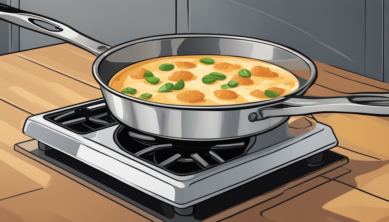 A small skillet with bubbling queso fundido sits atop a stovetop, with a spatula nearby for stirring. A gentle heat emanates from the stove