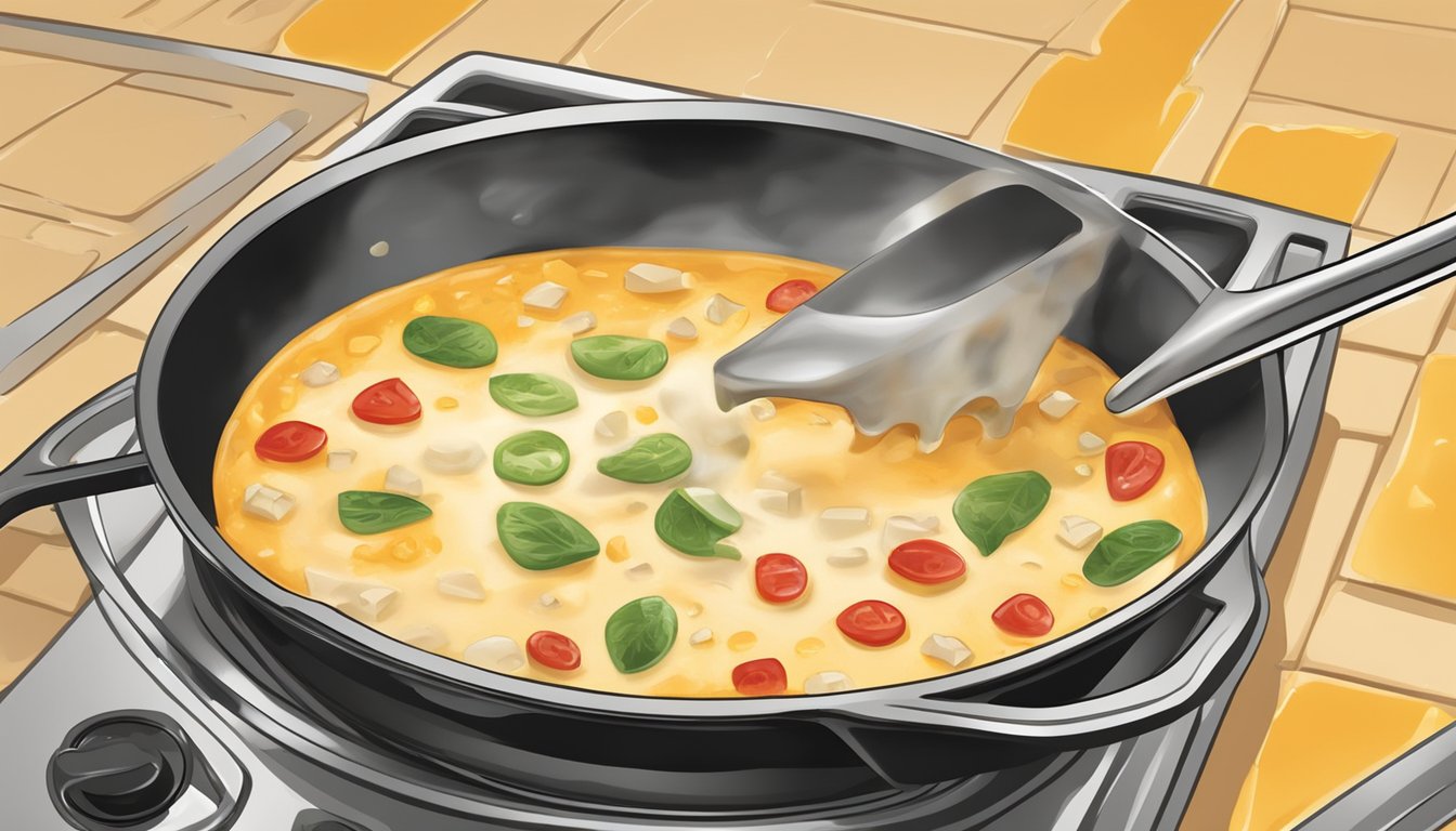 A bubbling skillet of queso fundido being reheated on a stovetop, with a spatula stirring the melted cheese and toppings to ensure even heat distribution