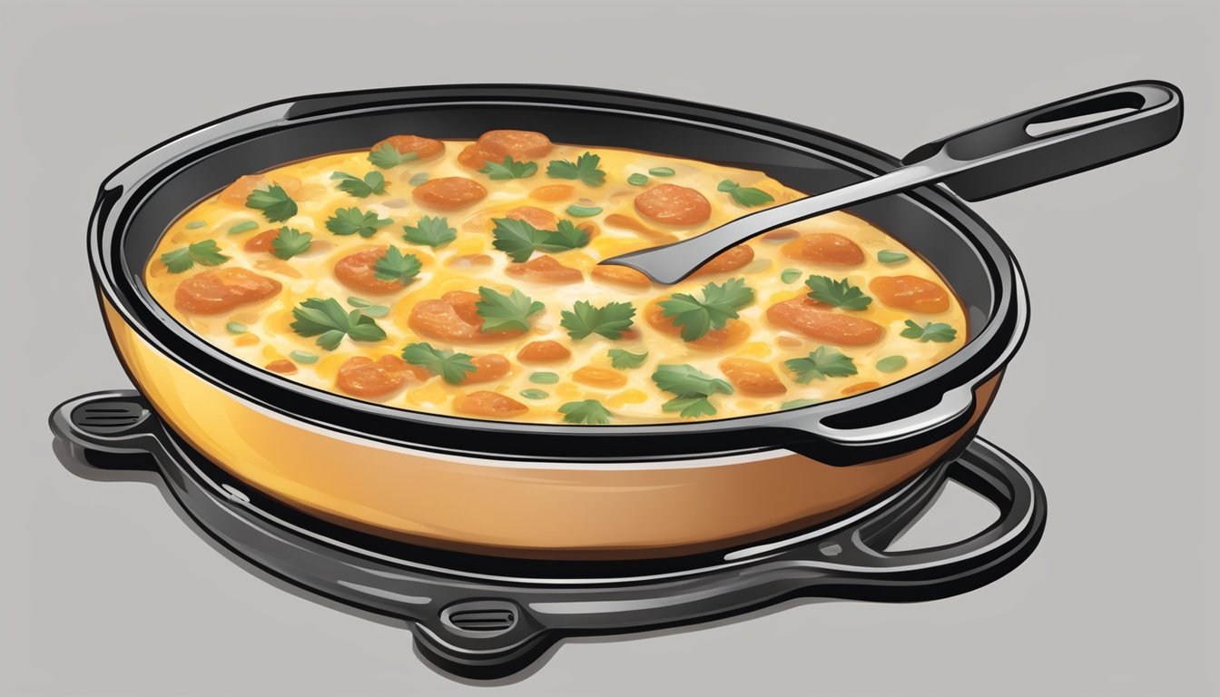 A skillet with reheated queso fundido bubbling and sizzling