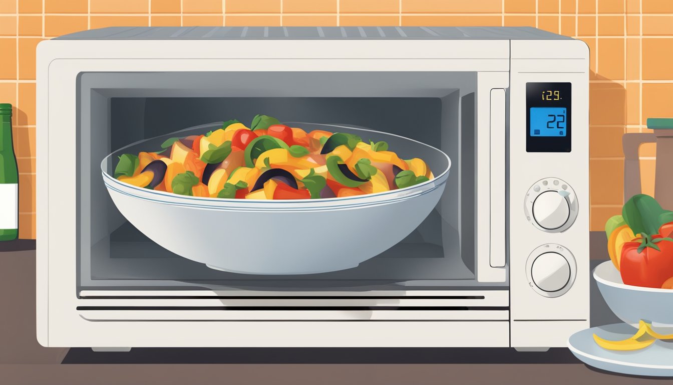 A bowl of ratatouille being heated in a microwave