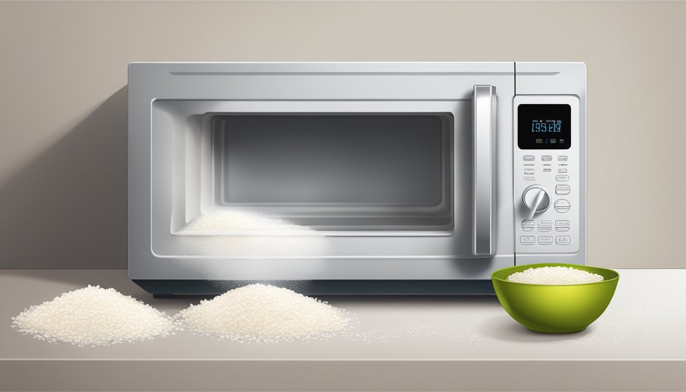 A microwave with a bowl of rice covered with a damp paper towel