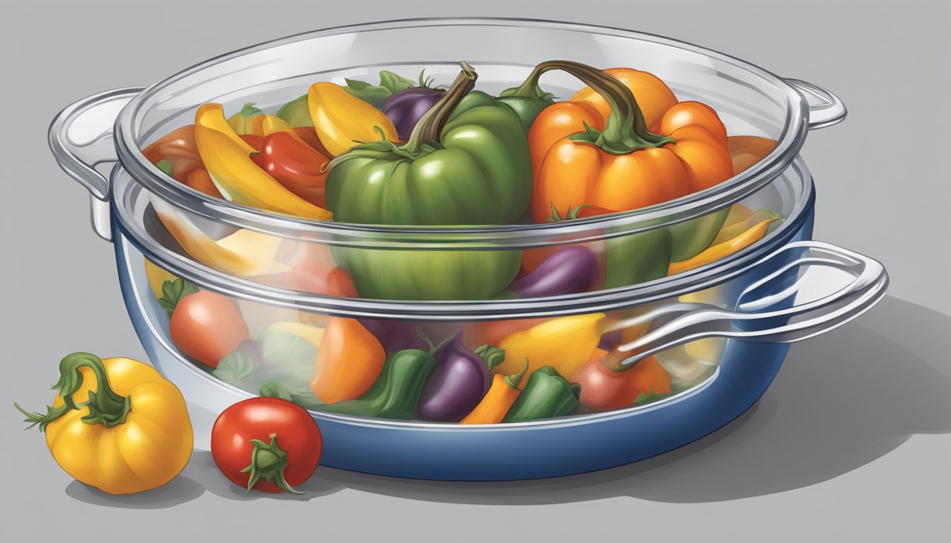 A colorful bowl of ratatouille being transferred from a stovetop pot to a glass storage container with a lid