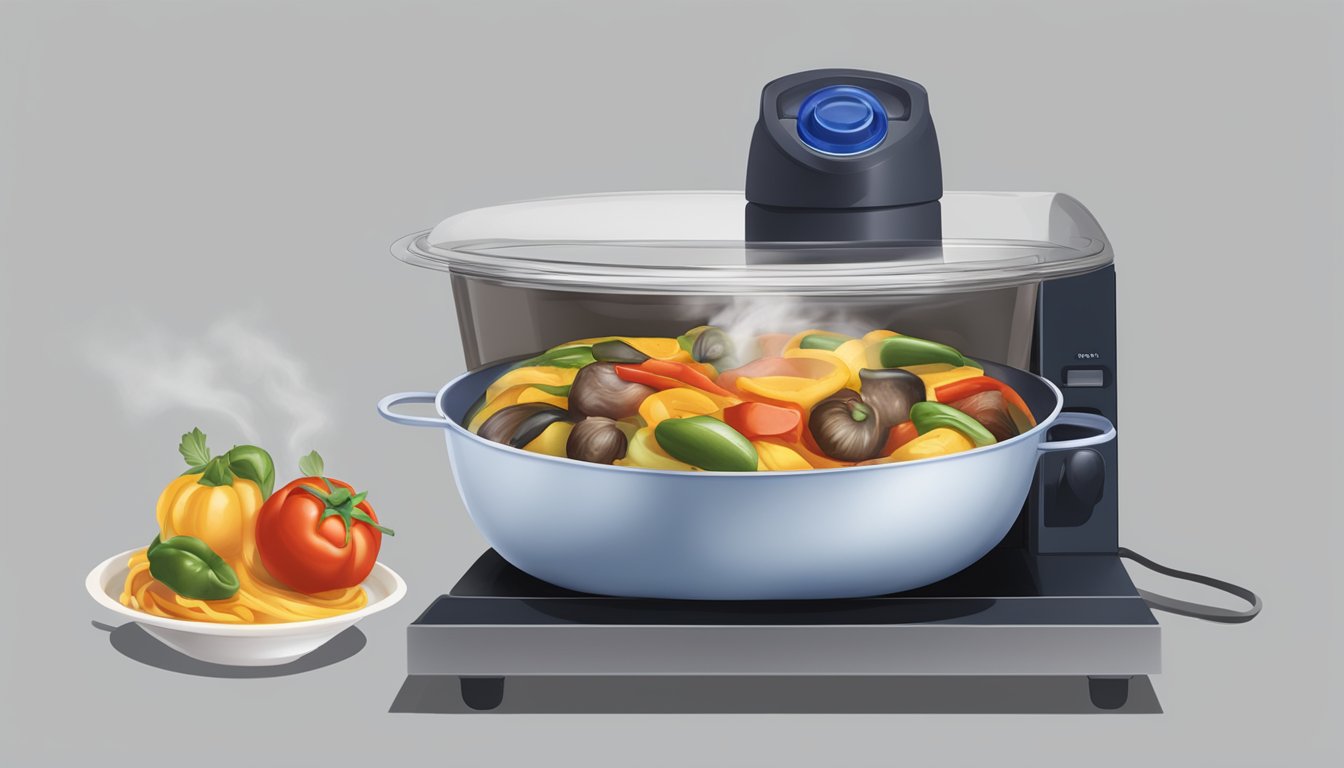 A bowl of ratatouille being microwaved with a cover, steam rising