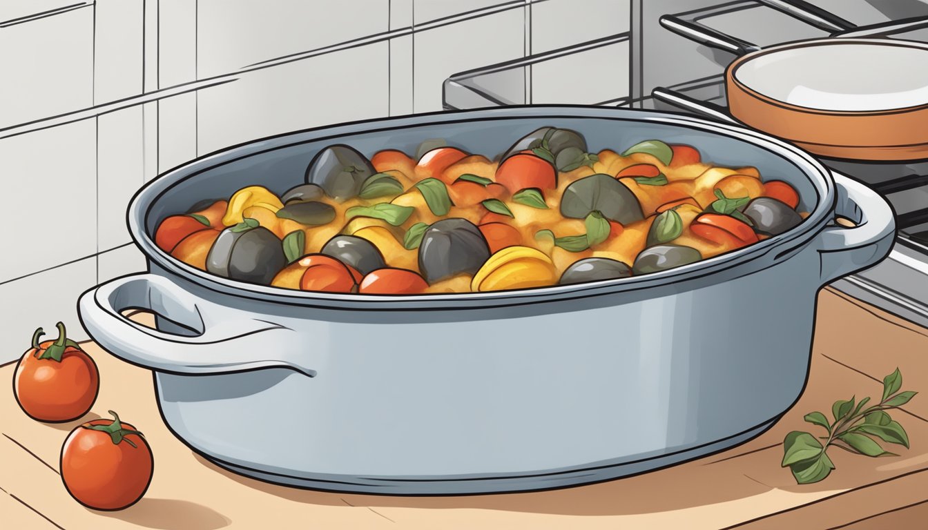 A steaming dish of ratatouille sits in a baking dish in a preheated oven