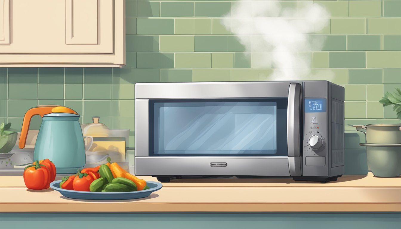 A microwave and stovetop sit next to a bowl of ratatouille, with steam rising from the bowl