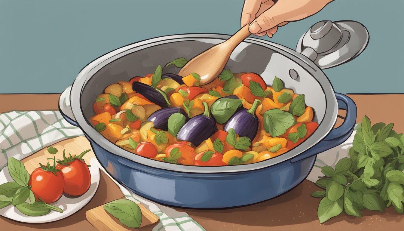 A steaming pot of ratatouille being gently spooned onto a serving platter, with a sprinkle of fresh herbs as a final touch