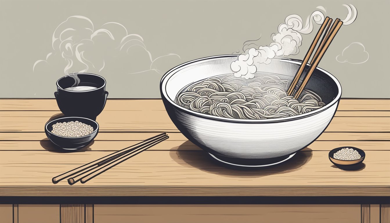 A steaming bowl of reheated ramen sits on a wooden table, steam rising from the noodles and broth. Chopsticks rest on the side, ready to be used