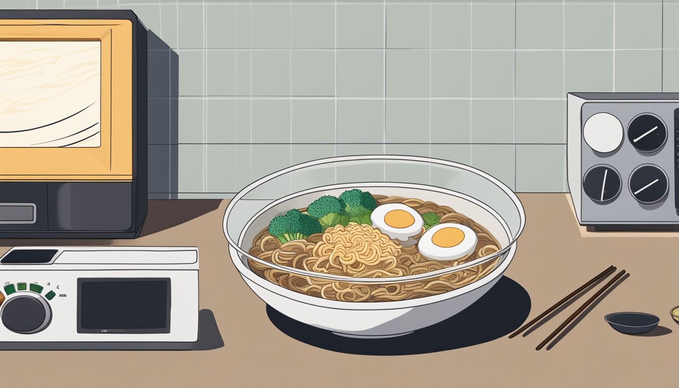 A bowl of ramen sits in a microwave, steam rising as the timer counts down. Chopsticks rest on the counter next to the bowl