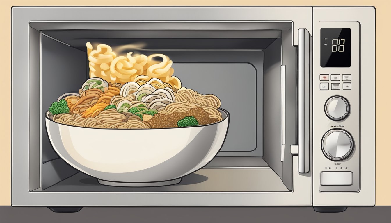 A steaming bowl of various types of ramen being reheated in a microwave